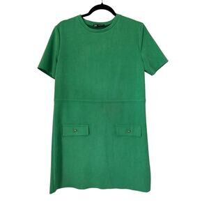 Zara Elegant Kelly Green Short Sleeve Shift Dress Size M w/ Front Faux Pockets